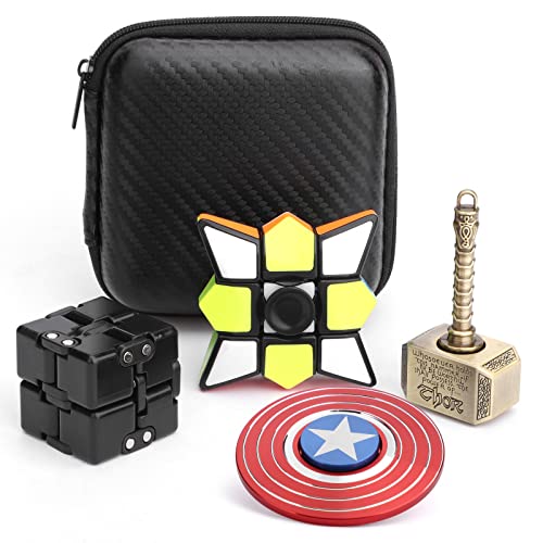 Fidget Spinner Cube Pack Superhero Hammer Spinner Magic Infinity Cube, Fidget Small Gadget Stress Anxiety Relief Finger Spinner Toy Birthday Gift for Boy Girl Kid Adult (4 Pack)