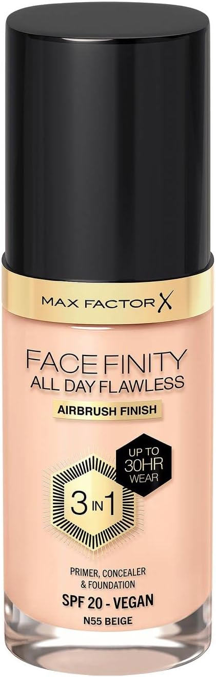 Max Factor Facefinity All Day Flawless Make-up 3w1 baza, korektor, podkład z filtrem SPF 20, nr N55 Beige, 30 ml