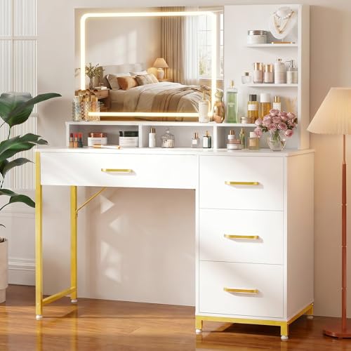 Image of LUCKRACER Vanity Desk with LED Lights Mirror, Makeup Vanity with Storage Drawers and Shelves, Modern Dressing Table for Women Girls Bedroom, Ivory White