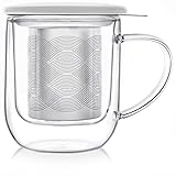 Teabloom Tea-For-One Steeping Mug – Insulated Double Wall Glass Mug (12 oz), Stainless Steel...