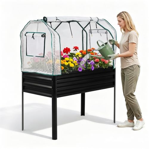48×24×56in Galvanized Elevated Raised Garden Bed with Legs, Greenhouse Cover & Bird Net, Deep Metal Raised Planter Box for Backyard Patio Balcony Vegetables Herbs Flowers Black 48×24×56in