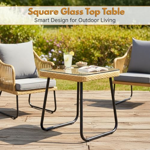 Image of DEVOKO 3-Piece Patio Furniture Set Handwoven Wicker Chairs with Waterproof Cushions,Glass Top Coffee Table Perfect Porch Bistro Set for Backyard, Garden, and Deck