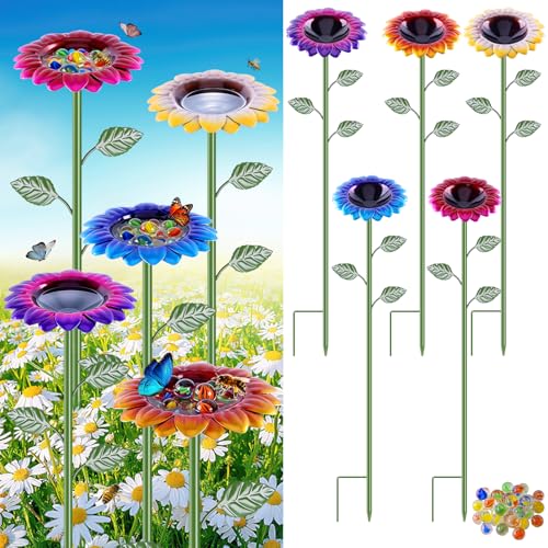 Aifanss 5 Pack Bee Watering Station Metal Bee Feeder Bath for Garden with Sunflower Design Colorful Butterfly Feeder Waterer Bowl with Stakes and 35 Glass Marbles for Outdoor Garden Yard Patio Decor