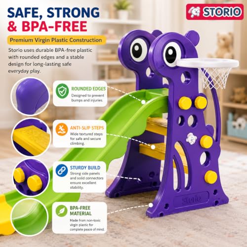 Image of Storio Giraffe Slide for Kids with Basketball Hoop | Indoor Outdoor Toddler Climber Playset for 2+ Years | Safe & Sturdy Plastic Garden Slide Toy for Boys & Girls - Green Purple Yellow