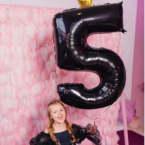 Image of 40 Inch Black 5 Number Balloons for Kids, Giant Foil 5th Birthday Number Balloon, Crown Self Inflating Balloons 0-9 Set for Girls Boys 15th Birthday Party Decor Anniversary Decorations Boys Supplies
