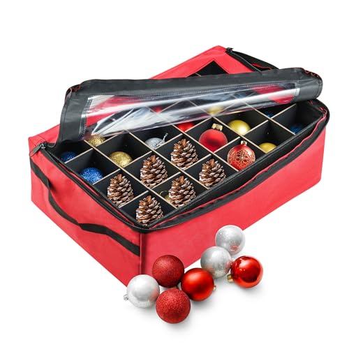 Ornament Storage Box - Zippered Lid Organizer with 48 Individual Compartments and Dividers for Christmas Bulbs and Decorations by Tiny Tim Totes (Red)