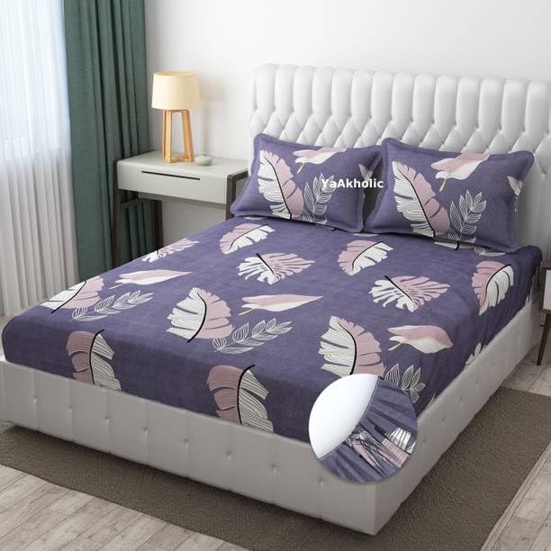 Geeta Homes Premium Cotton Feel Glace Cotton 210 Tc Elastic Fitted Bedsheets with 2 Pillow Covers Double Bed with Corner Elastic Floral Pattren |Size-72X68+ 6 Inches Homes 4815