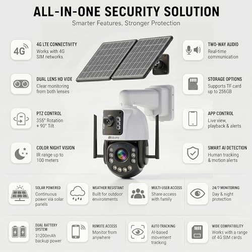 Image of V65H 4G Solar PTZ Camera 2MP Dual Lens with 20X Optical Zoom | AI Human Detection | Auto Tracking | 2-Way Audio | Night Vision | 100m Range | Waterproof Outdoor CCTV Camera with Solar Panel & Battery
