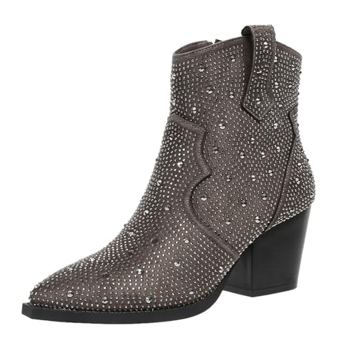 KOKOMOMO Rhinestone Short Cowboy Boots Sparkly Western Cowgirl Boots Glitter Stacked Chunky Heel Ankle Boots