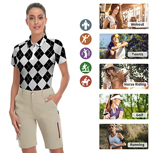 Women's Plaid Golf Shirt Short Sleeve Tennis Shirt Golf Polo Shirts (Grey, Small) #TOP3