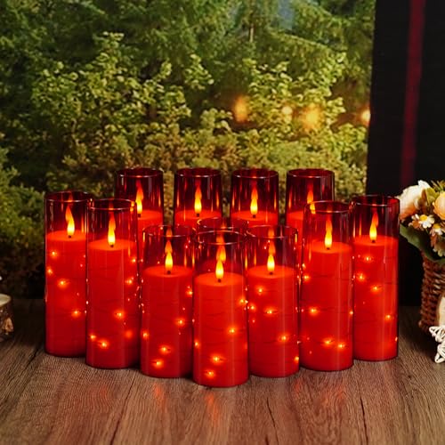 Image of Sasigeiaa Flameless Candles with Embedded Star String - Battery Operated LED Candles, with Remote,12 Red Flickering Candles for Christmas, Weddings, Home Decor & Party,(D 2.3 inchxH 5 inch 6 inch 7 inch)