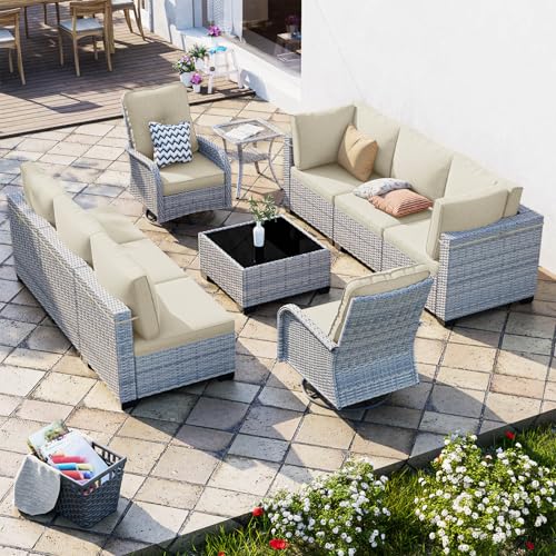 Image of Outdoor PE Wicker Rattan Modular Patio Sectional Sofa Set | 10-Piece: 6 Modular Seats, Coffee Table, 2 Swivel Rocking Chairs & Side Table, Ivory