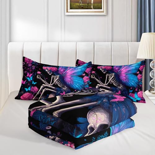 Image of QOOMO Cartoon Skull Kids Comforter Set,Blue Butterfly Bedding Set Twin Size for Boys Girls Room Decoration,Black Bed Set Microfiber Lightweight,1 Comforter 2 Pillowcases
