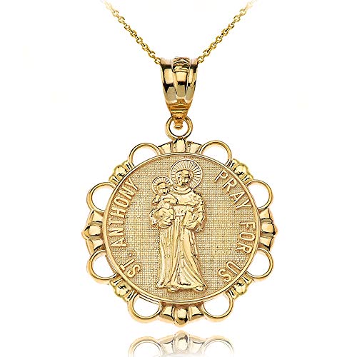 10k Gold Round Saint Anthony Patron of Lost Articles Medal Pendant Necklace, 20 