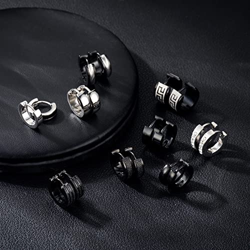 RIOSO 9Pairs Hoop Earrings for Men Stainless Steel Black Silver Men's Hoop Earring3