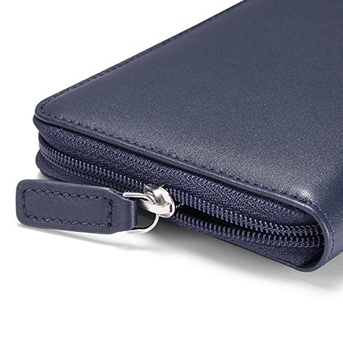 Image of HISCOW Leather Checkbook Cover, Zippered Wallet with Card Slots, Dark Blue | Full grain cowhide, 5cc & ID window, personal check book & register pockets, removable duplicate divider, women secure zipper