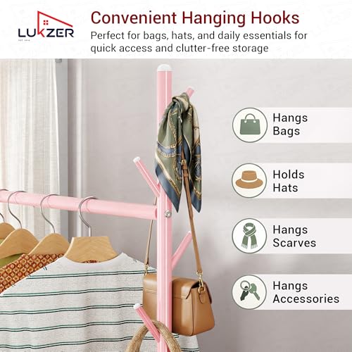 Image of Lukzer | MGR-002 | Pink | Metal Cloth Stand & Garment Rack with Wheels, 2 Bottom Shelves & Single Rod - Space-Saving Clothes Organizer for Bedroom, Laundry, Entryway & More | 173 x 90 x 34 cm