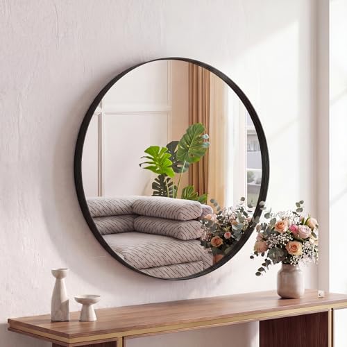 Image of NEWBULIG 24-Inch Round Wall Mirror, Bathroom Wall Circle Mirror with Metal Frame, Bathroom Decor for Entryway, Living Room, Vanity, Black