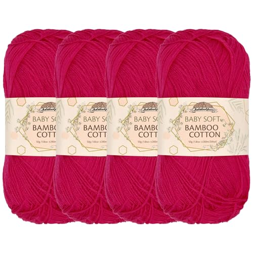 JubileeYarn Baby Soft Bamboo Cotton Yarn - 50g/Skein - Magenta - 4 Skeins, 6TC17 Magenta
