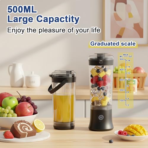 TopEsct tragbarer Mixer für Shakes und Smoothies,500 ml leistungsstarker kabelloser Mini-Mixer,wiederaufladbar mit 6 ultrascharfen Klingen für Reisen,Büro und Sport (Schwarz)