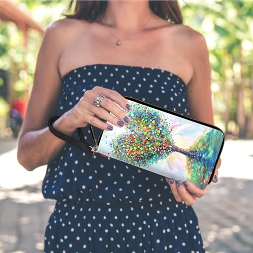 RFID Blocking Wristlet Wallet for Women – Slim PU Leather Zipper Clutch, Cute Credit Card Holder Purse with Wrist Strap for Ladies,Heart-shaped Tree and Leaves2