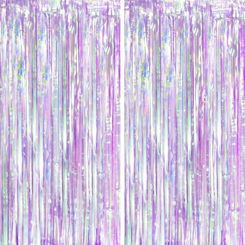 Image of Voircoloria 2 Pack Iridescent Purple Foil Fringe Curtains, Glittering Tinsel Streamers Party Decorations,Mermaid Fringe Backdrop for Gir's Birthday, Bachelorette, Baby Shower Theme Party