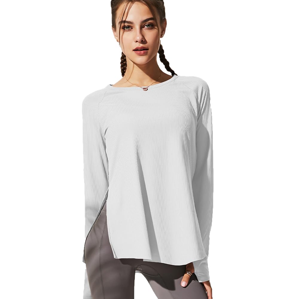 SUOTFWomens Long Sleeve Tunic Tops Crew Neck Pullover Tops Side Split Hem Sweatshirt