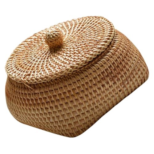 OKUMEYR Woven Storage Basket with Lid Rattan Organizer for Fruit Bread and Sundries Serving Tray Lightweight and Reusable Storage for Home and Picnic