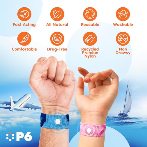 Image of P6 Motion Sickness Bands for Adults Wristbands for Anti Nausea Sea Cruise Travel Car Pregnancy Morning Sickness All-Natural Non Drowsy Relief Acupressure Treatment (2 Pack, Pink - Pink)