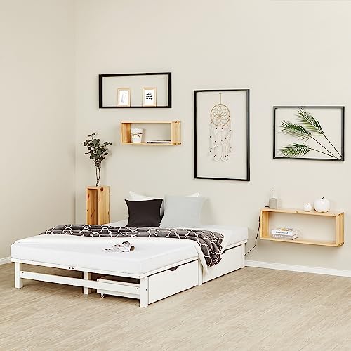 Homestyle4u Holzbett Palettenbett 140x200 cm 2 Schubladen Bettgestell mit Lattenrost Weiß Kiefer Massivholzbett
