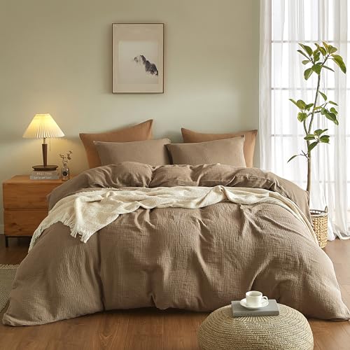 SE SOFTEXLY Muslin Duvet Cover Twin Size, 100% Washed Cotton Duvet Cover Set, Ultra Soft Comforter Cover Linen Like, 2 Pieces Minimalist Gauze Duvet Cover with 1 Pillowcase, 68"x90", Light Brown