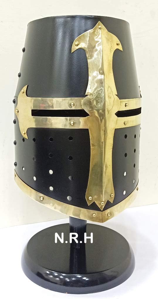 Medieval Knight Crusader Templar Helmet Black Mason Brass Cross Halloween Helmet with Liner Wooden Stand