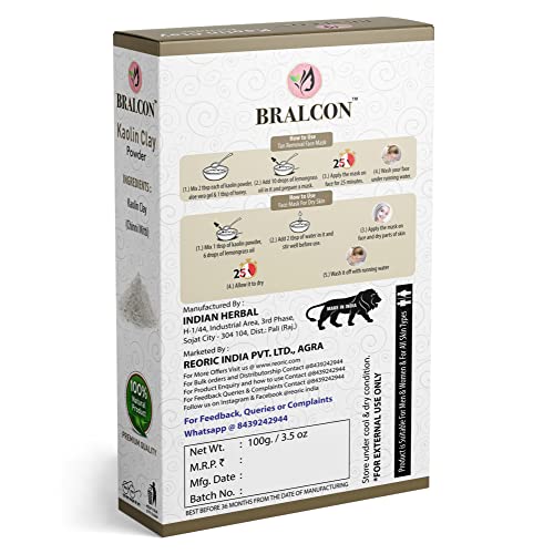 Image of BRALCON Kaolin Clay Powder - 100g | Chinni Mitti Powder for Face Pack, Skin Care | 100% Natural & Original for Healthy Hair & Skin | Removes Blackheads, Purifies Pores, Detoxes Skin
