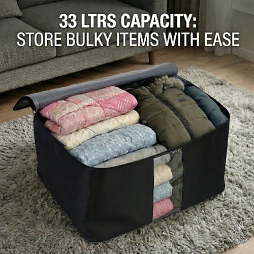 Image of EASY HOME 33L Closet Storage Bags for Clothes Large| Premium Wardrobe Bag with Zip Closure | Moisture Proof Nylon Garment Cover for Sarees, Heavy Quilts & Blankets