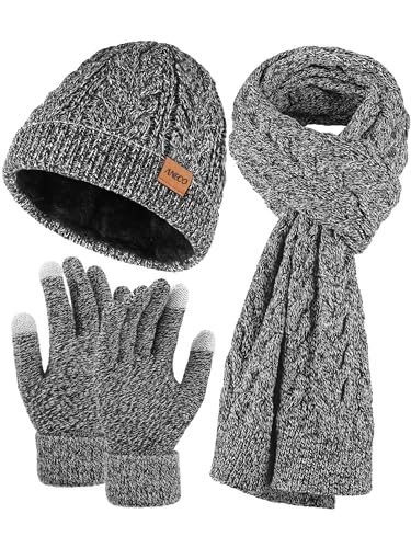 Aneco Winter Warm Knit Scarf Beanie Hat Touchscreen Gloves Set Warmer Long Scarf Set for Men and Women