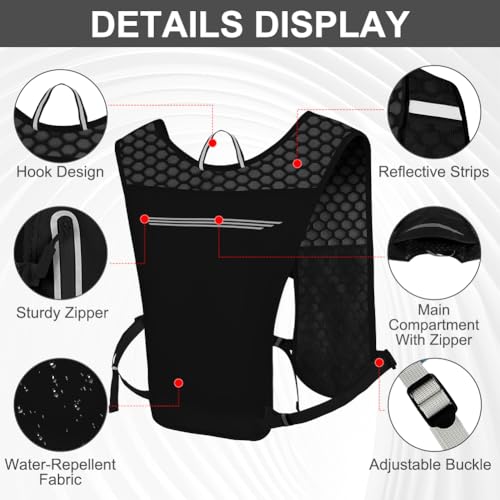 Alaoo Laufweste Damen und Herren, Multifunktionale Ultrleicht Fahrradrucksack mit 1 Trinkflasche 500 ml, Verstellbare Brustgurte, Runing Vest Reflektierend für Laufen, Camping, Wandern usw. (Schwarz)