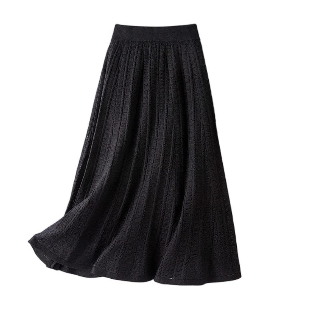 Röcke,Damen Midirock Schwarz Elastische Hohe Taille Wolle Gestrickter Jacquard Faltenrock Herbst Schlank A-Linie Swing Geraffte Elegante Lange Röcke Für Mädchen Damen,L