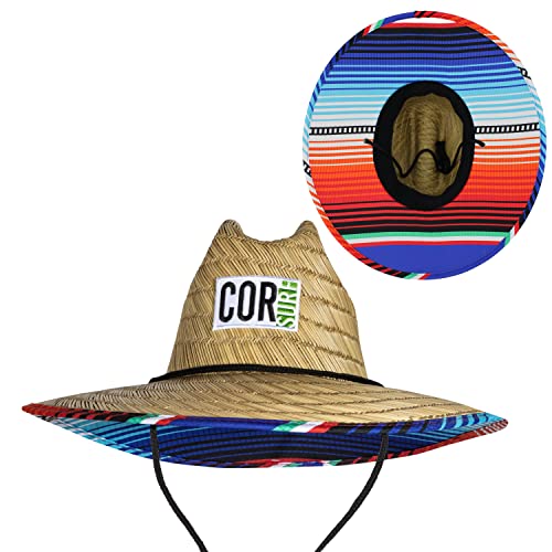COR Surf Classic Straw Lifeguard Hat with Stretch Fit Headband with Cloth Lining for Extra Sun Protection (Sarape, M-L)