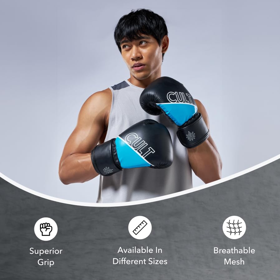 Image of Cult Premium Leather Boxing Gloves for Men & Women - 12 Oz High-Density PU Padding, Wrist Support & Antimicrobial Lining - Ideal for Boxing, Kickboxing, Muay Thai & MMA - Blue & White