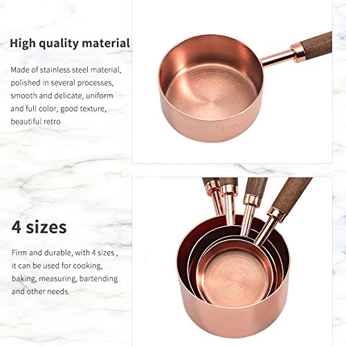 4 Pcs Rose Gold Measuring Cups Set - Stainless Steel Baking Cooking Kitchen Copper Measuring Tools With Walnut Wood Handle Measure Dry And Liquid Ingredients Metering Cup #TOP1