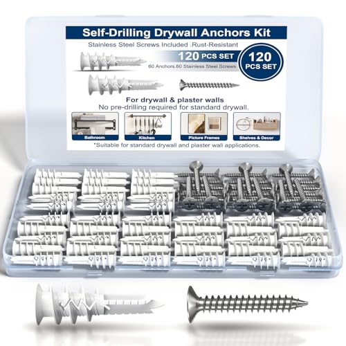 120PCS #8 Self-Drilling Drywall Anchors and Screws Kit, #8 x 1-1/4' Heavy Duty Wall Anchors for Drywall with Stainless Steel Screws, No Pre-Drilling Required