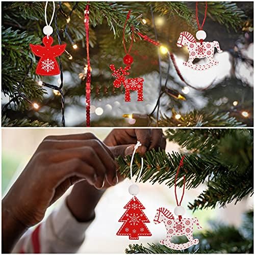 Belle Vous Wooden Nordic Hanging Ornament Christmas Decoration Set (32 Pack) - 8 Traditional Vintage Reindeer, Bell, Bauble, Angel, Tree and Star Xmas Holiday Designs - White and Red Colours