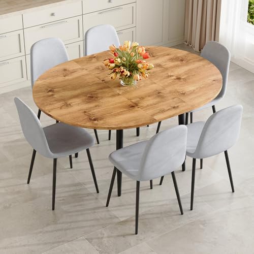 Image of FURNITO Wood Dining Table Set for 6, 42 inch-54 inch Round to Oval Extendable Table with 6 Linen Fabric Chairs, Space-Saving Contemporary Dining Room Table Set for Small Apartments or Kitchens, Easy Assembly