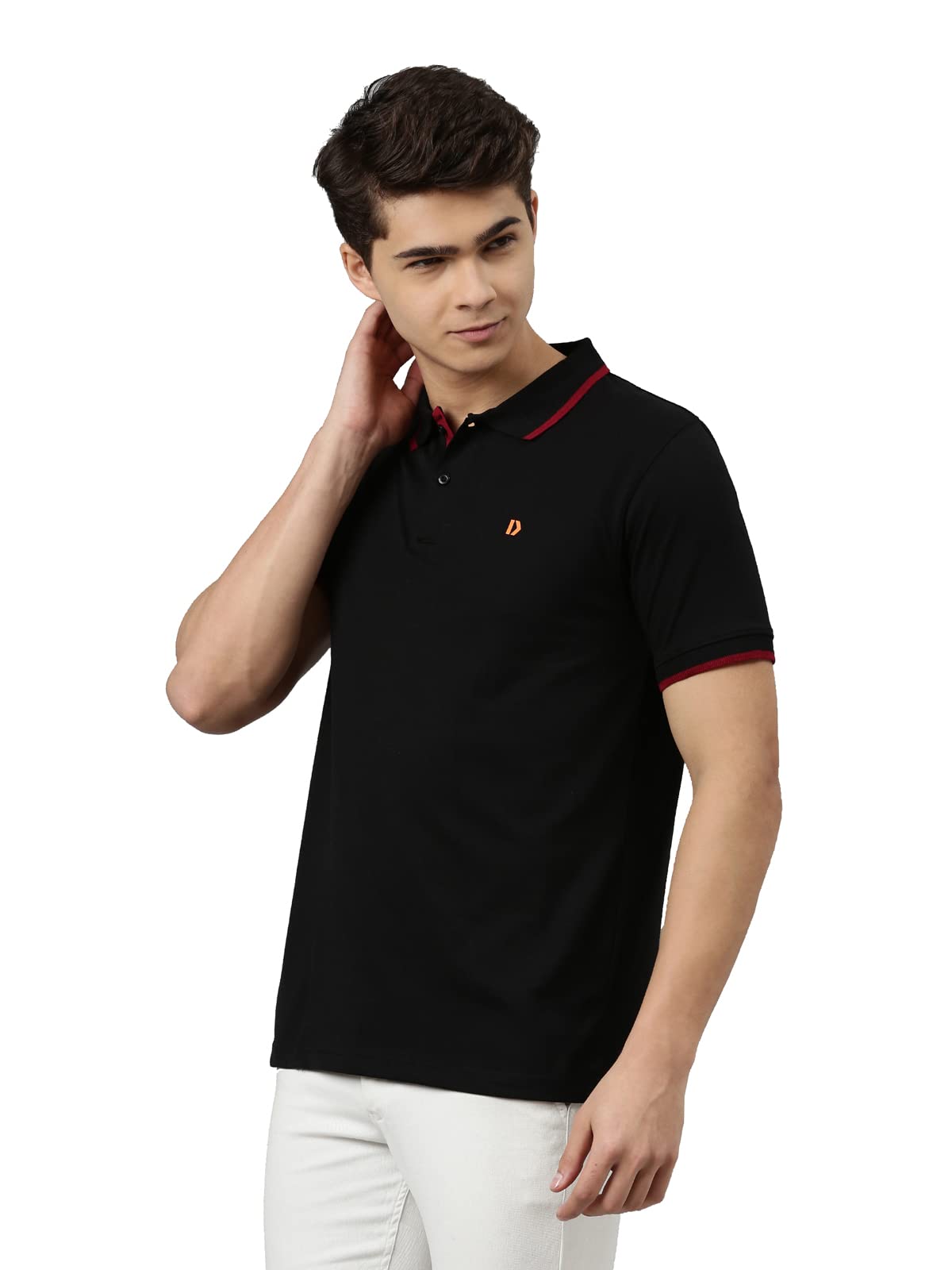 Dixcy Scott Originals Mens Regular Fit Polo Neck Short Sleeves Cotton T-Shirt(Jet Black and Black Beauty with Red Collar Tapping)-L