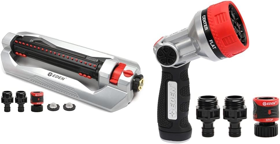 Eden Heavy Duty Oscillating Sprinkler and 7-Pattern Thumb Control Nozzle Bundle W/Quick Connect Starter Sets