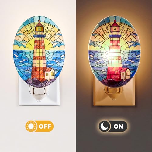 Image of Lighthouse Stained Glass Styled Night Light Plug in - Made with Real Glass, Bulb Included, On /Off Switch - Nautical Beach Theme Bathroom, or Beach House Accent Light Dawn Blue