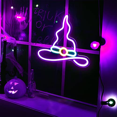 Image of Halloween Witch Neon Sign - IMEGINA Dimmable Wizard Hat Neon Signs for Wall Decor 13.3x11.8 Inch, USB Powered LED Neon Light for Bedroom Party Decor Kids Game Room Bar, Purple