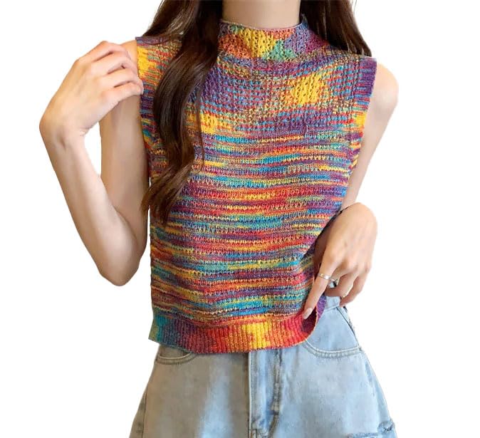 ICW Women's Casual Space Dye Acrylic Crop Cami Top Knit-Rib Crochet Sleeveless High Neck Tank Top (One Size Fit XS-S) (Bust Size 28-32 Inch)-picture-28