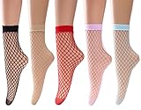 Women's Fishnet Ankle Socks, 5 Pairs(black,nature,red,purple,blue), free size
