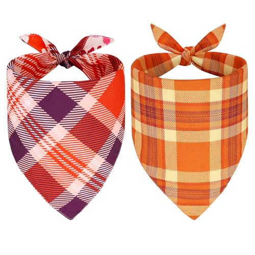 SZEE 2 Stück Hund Kostüm Hundehalstuch, Hundekostüm Dog Bandana mit Beidseitiges Musterdesign- Klassischer Tartan+Ahornblatt und Kürbis, Hundebekleidung Kopftücher Waschbarer für Hunde und Katzen, L